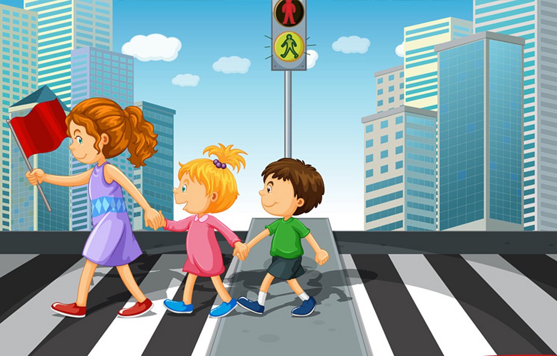 Cartoon: Frau überquert mit 2 Kindern die Straße am Zebrastreifen